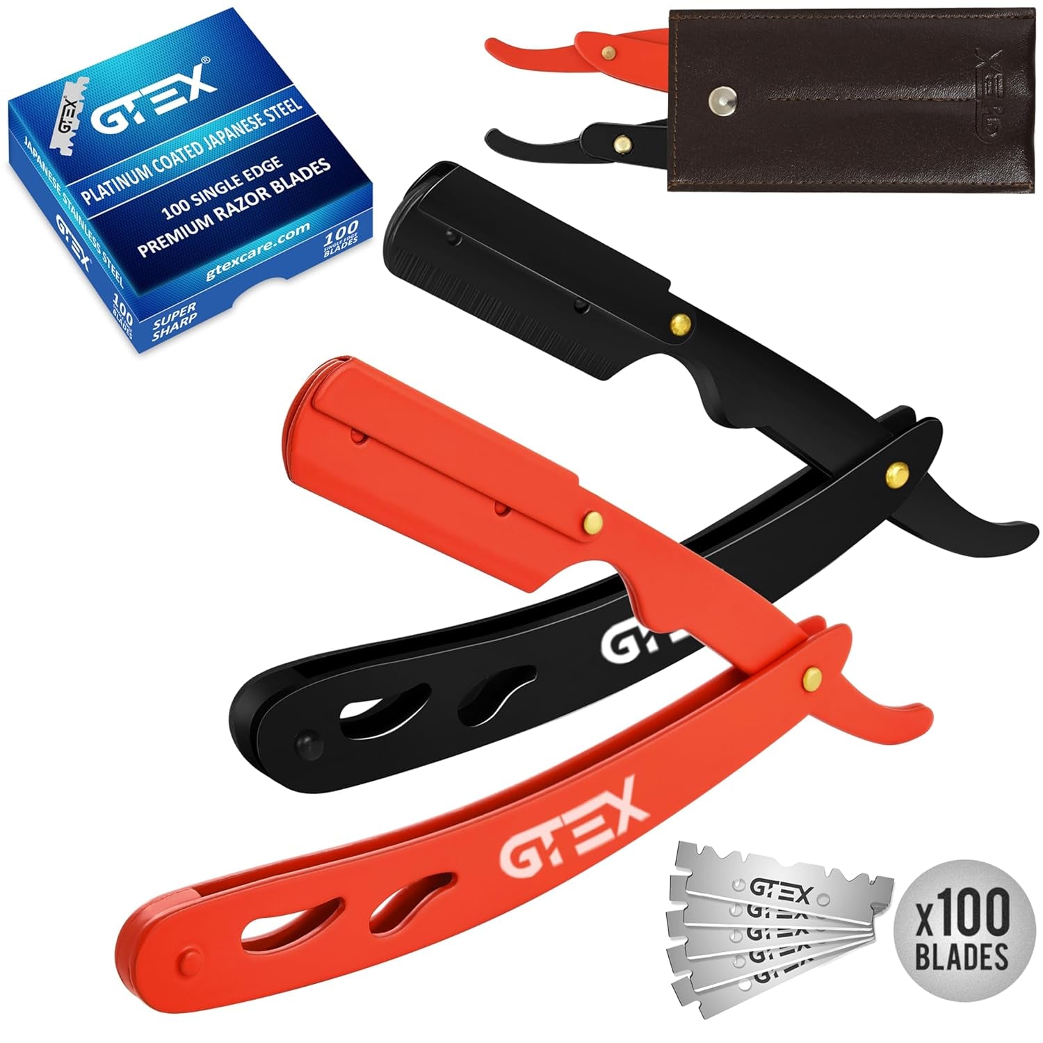 2 Straight Razor for Men (Red Black), 100  Premium Blades (Japanese Steel) - 2Pack Straight Edge Razor 100 Platinum Razor Blade - Navajas Para Barbero - Barber Razor for Men, Beard Razors